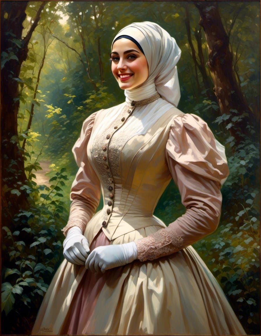 Victorian Woman in Hijab Portrait, Oil Painting