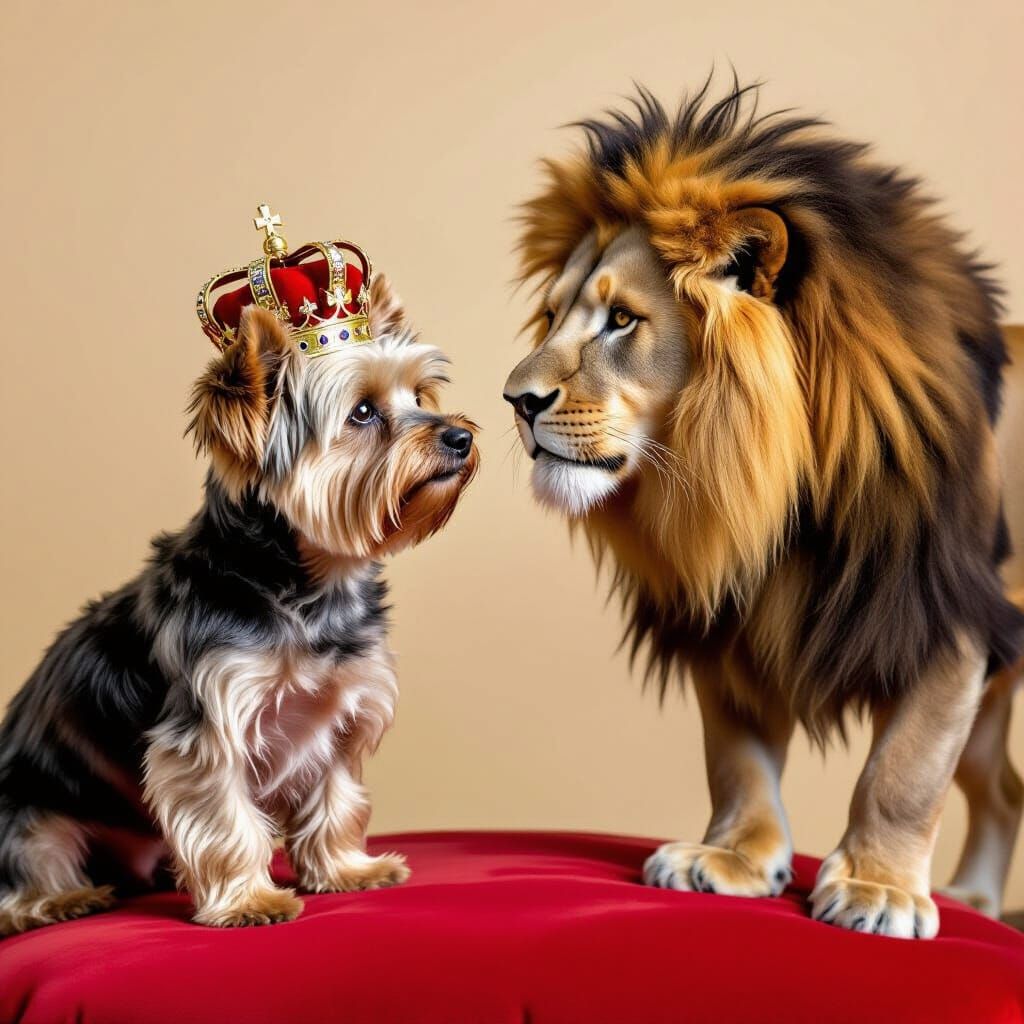 Yorkie King Meets Majestic Lion on Velvet Hassock