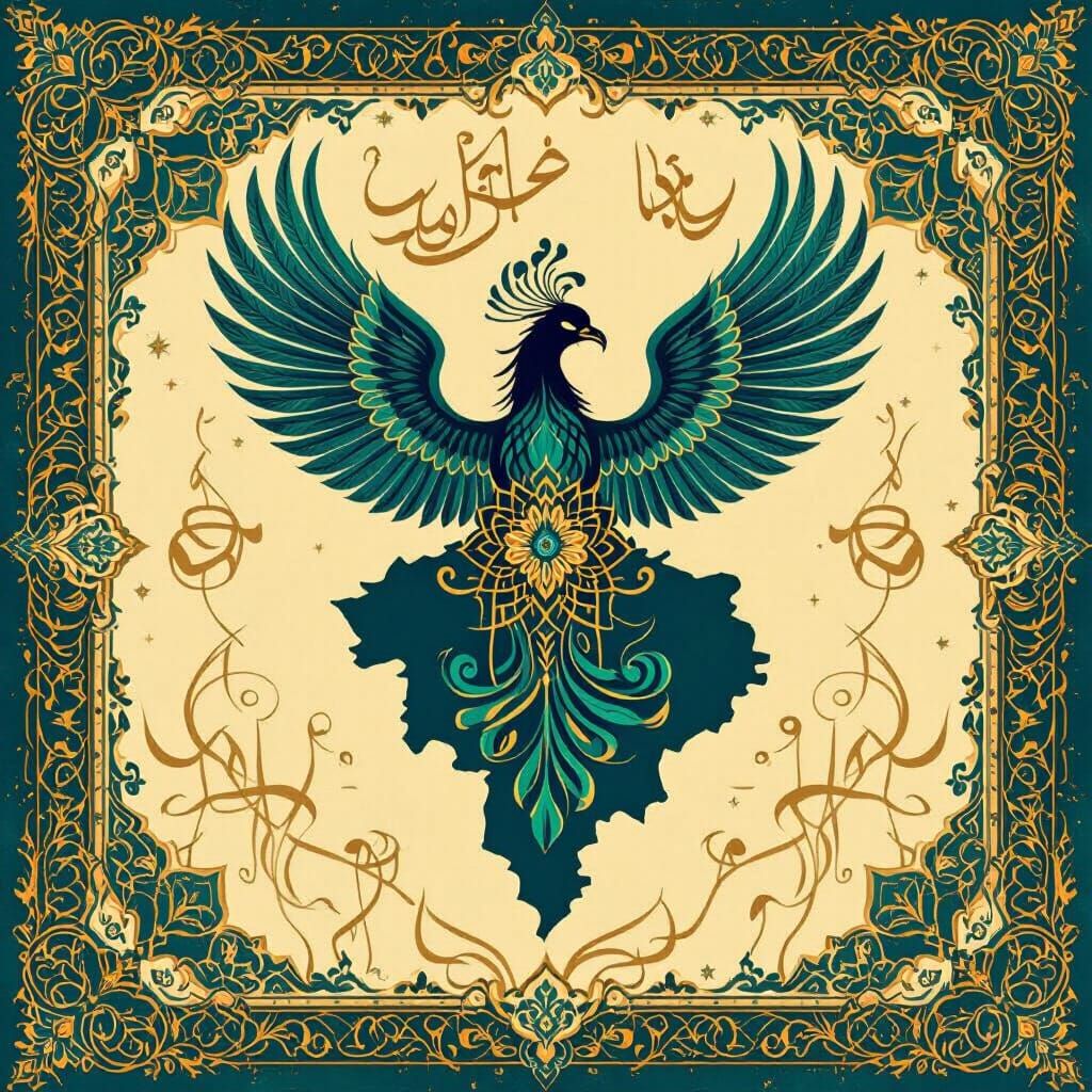 Persian Ornamental Poster: Iran Silhouette with Phoenix