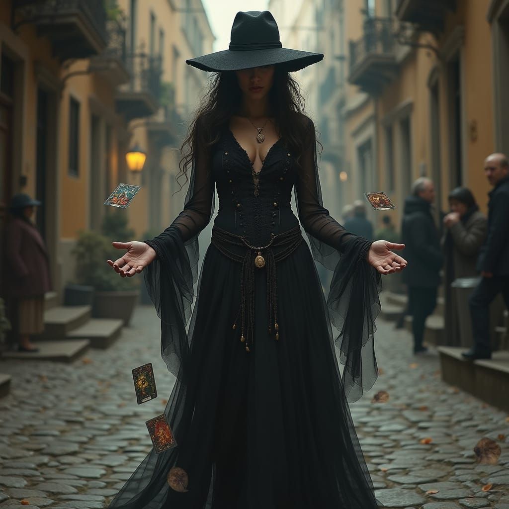 Mysterious Gypsy Woman Navigates Stone Street with Ethereal ...