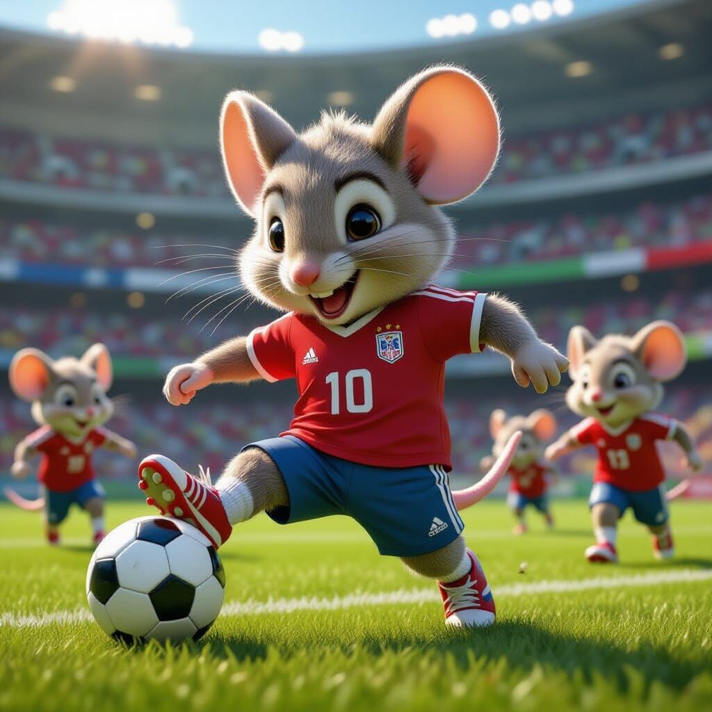 Anthropomorphic Mouse Kicking Soccer Ball in Stadium