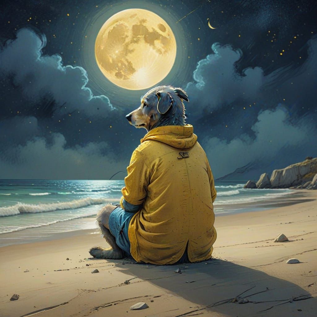 Sam Toft Character on Moonlit Beach, Digital Art