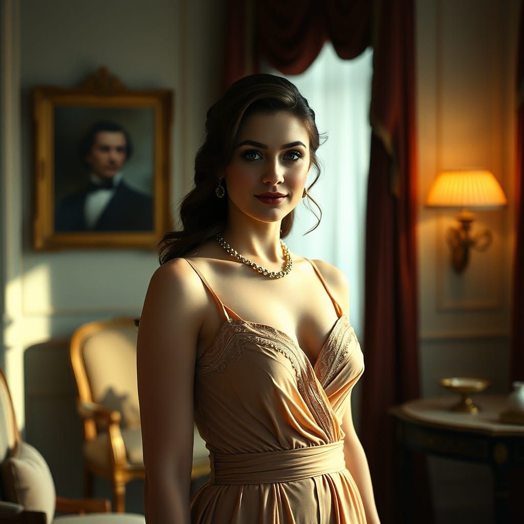 Hyperrealistic Image of Beautiful Woman in Luxurious Room