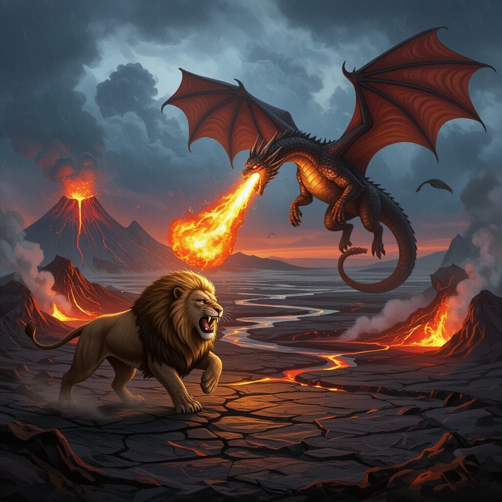 Lion Battles Dragon in Epic Volcanic Landscape