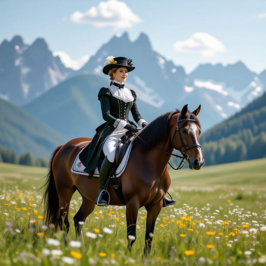 Victorian Lady Rides Horse Through Majestic Mountain Landsca...