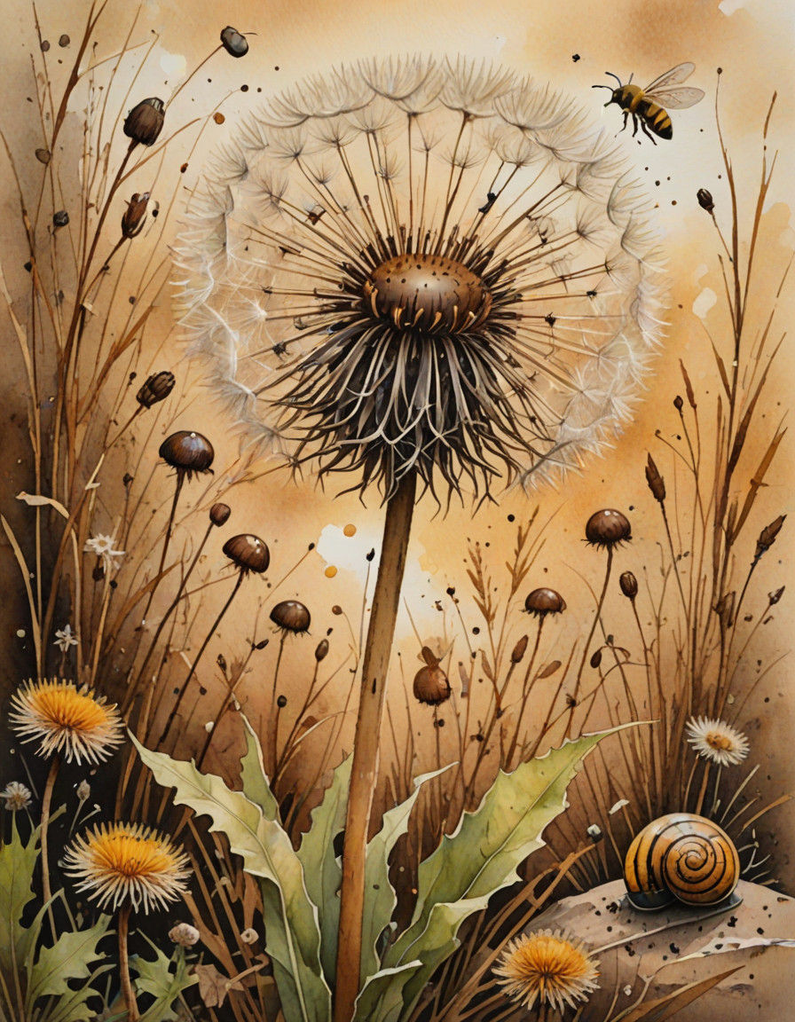 A Dandelion Scene with a Bee and Earthy Textures in Watercol...