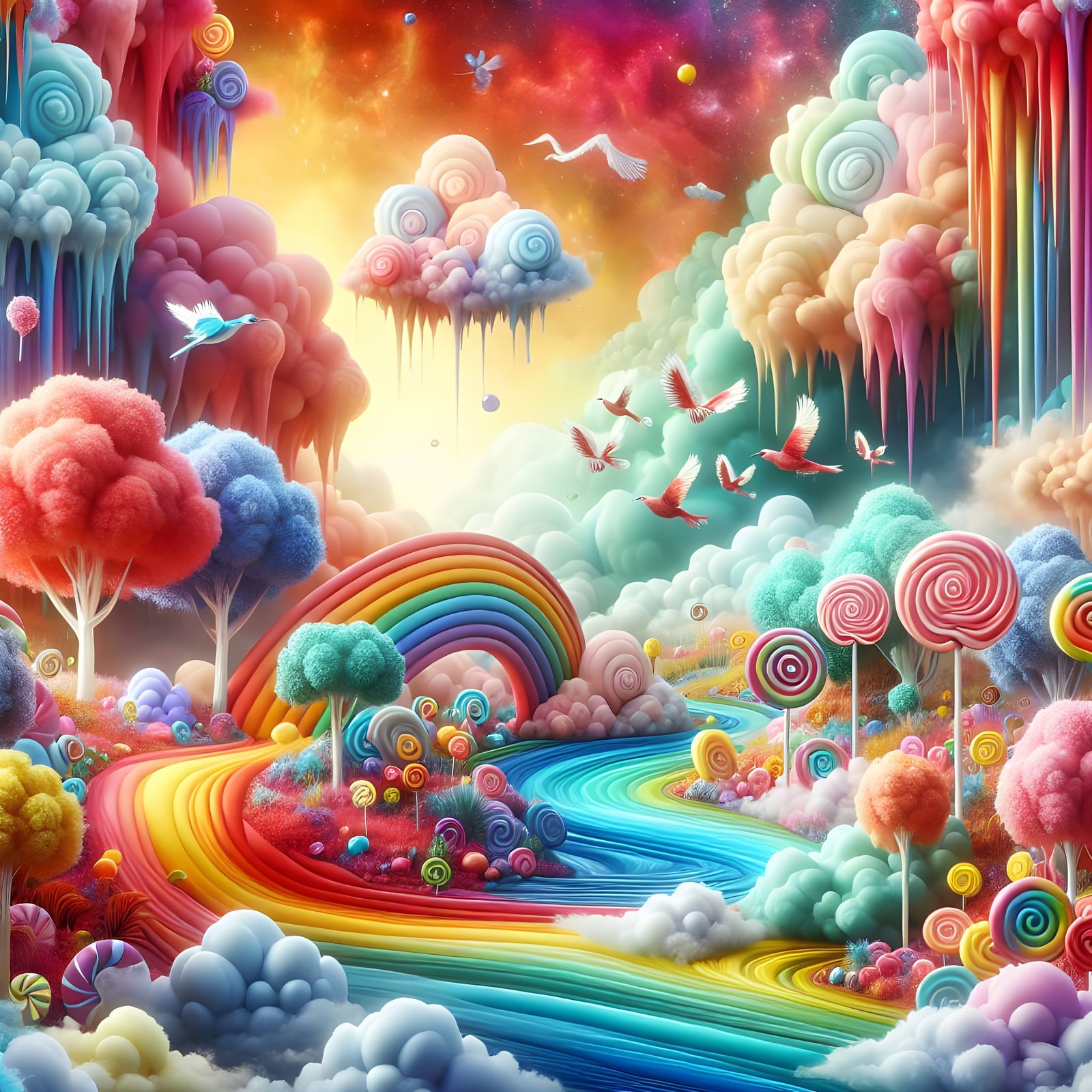 Whimsical Candy Land Dreamscape with Rainbow Skies