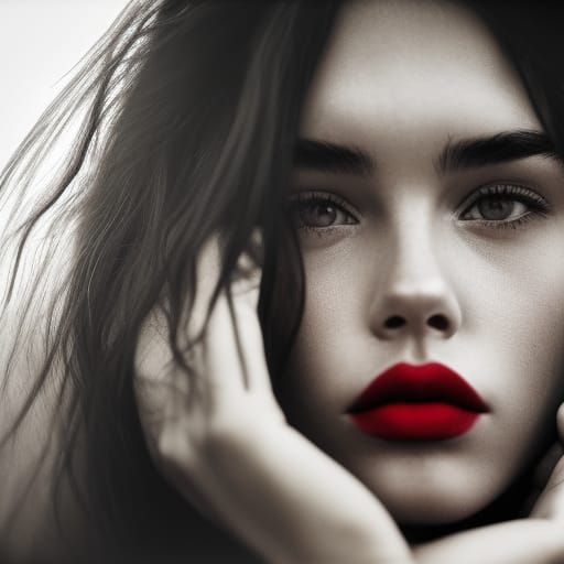 Madison Beer Portrait with Red Lips, Hyperrealistic Style