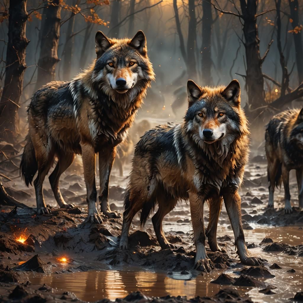 Wolves in Bubbling Muck: A Photorealistic Oil Painting