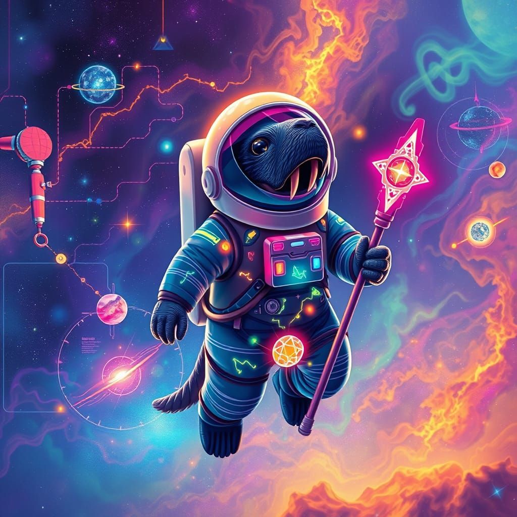 Cosmic Walrus Astronaut Embarks on Vibrant Nebula Journey