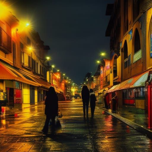 Hyperrealistic Night Alley Market, 1970s Style