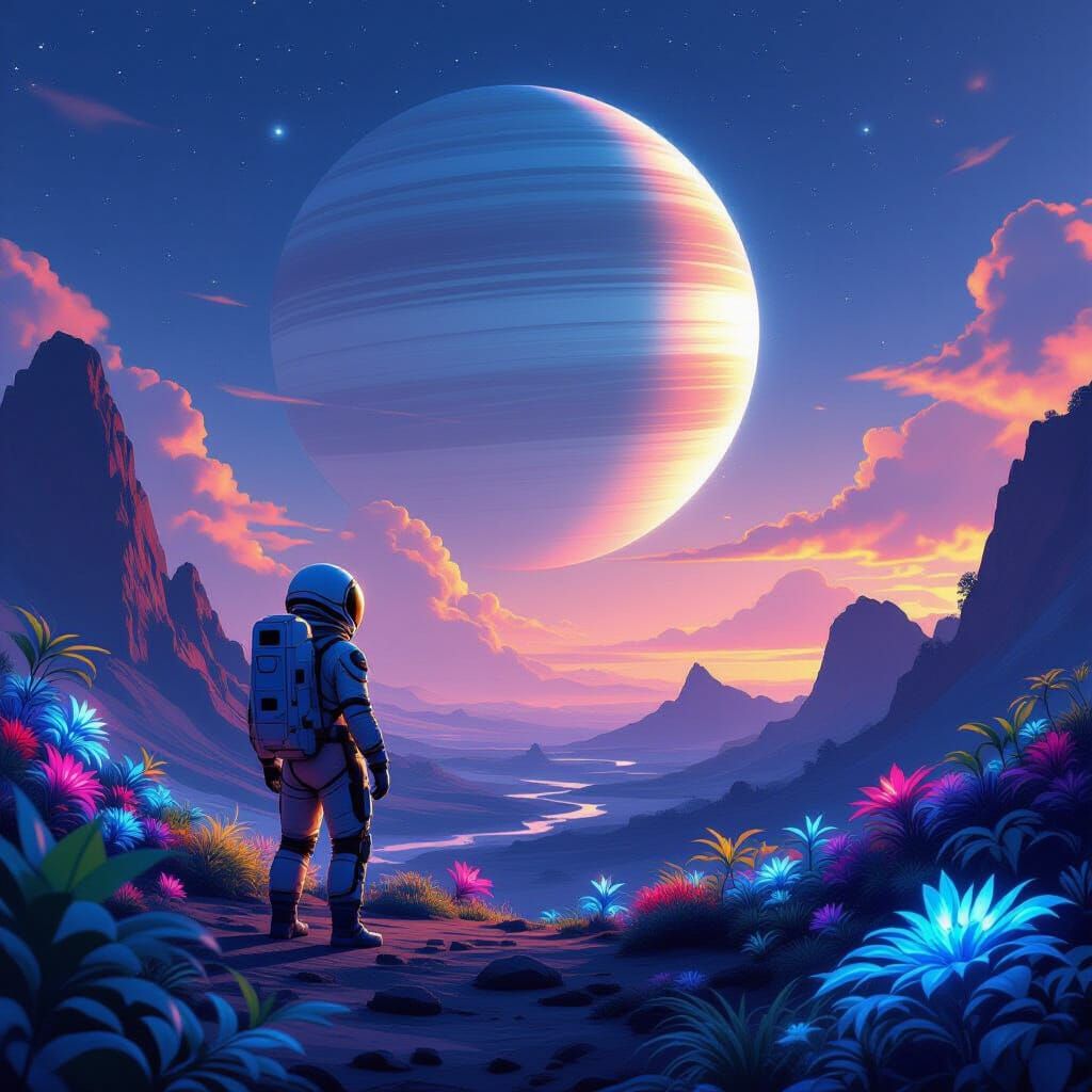 Astronaut on Alien Planet with Ringed Gas Giant