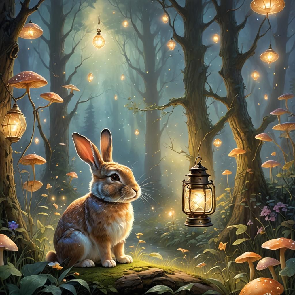 Glowing Rabbit in Misty Forest: Kinkade Style