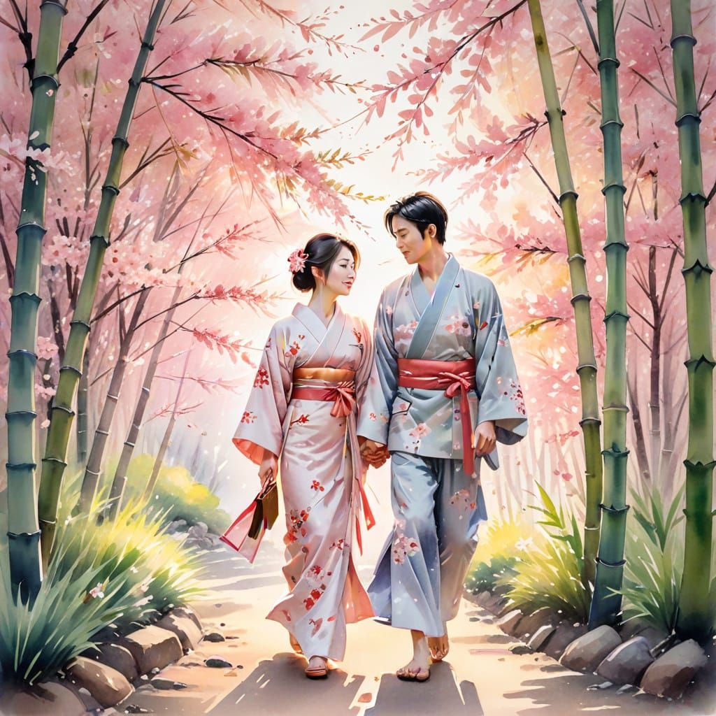 Japanese Garden at Sunset with Cherry Blossoms in Soft Impre...