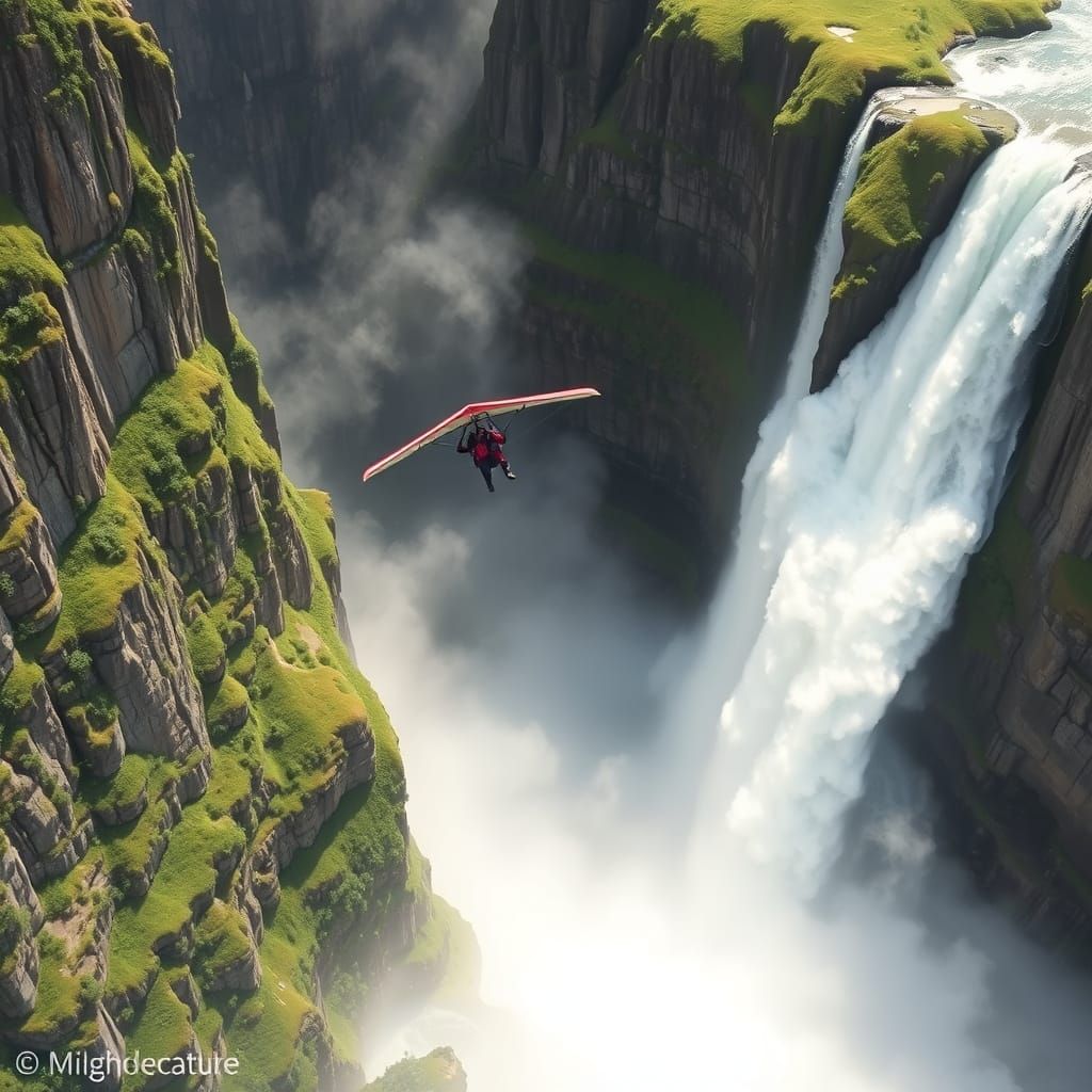 Wingsuit Flyer Glides Over Waterfall in Watercolor Style