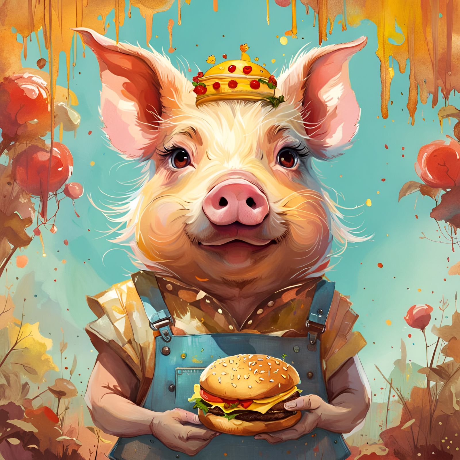 Adorable Pig with Hamburger, Digital Illustration