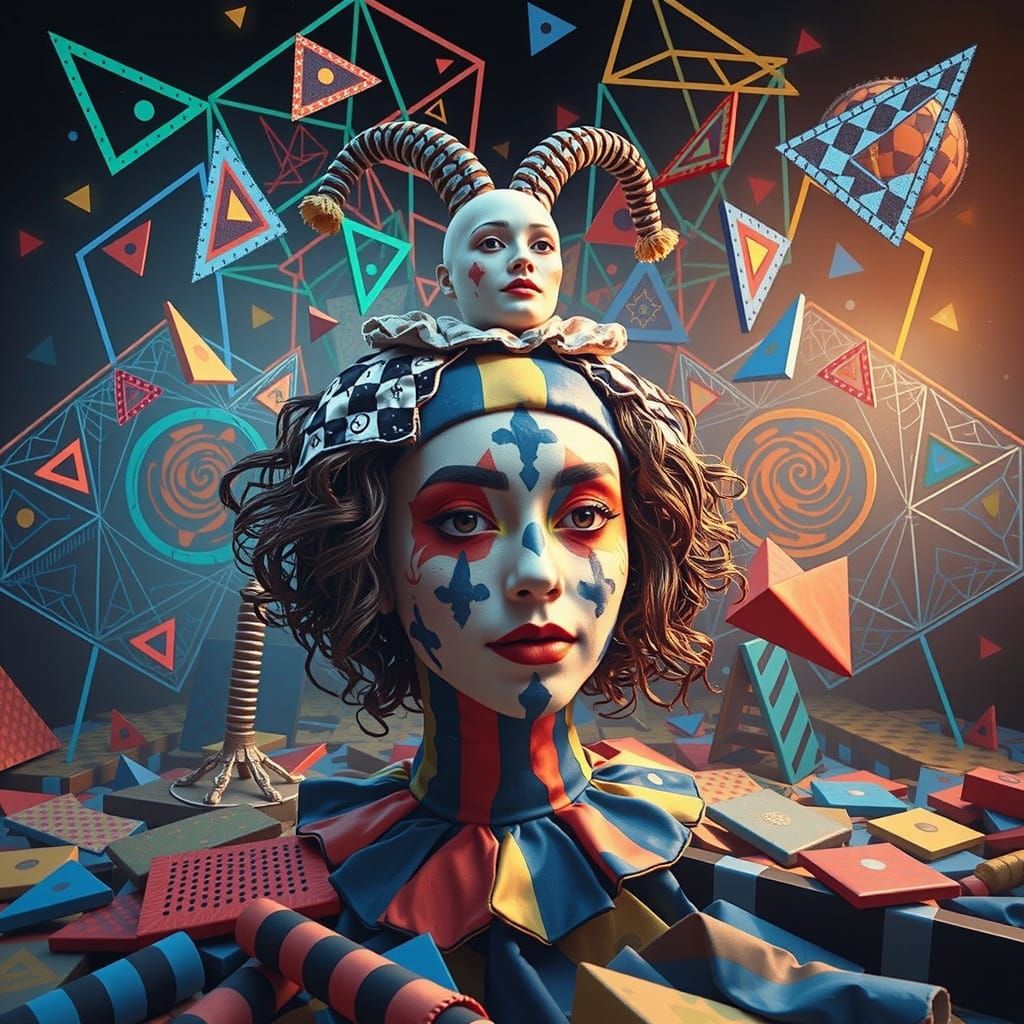 Harlequin Figure in Hypnotic Geometric Maze