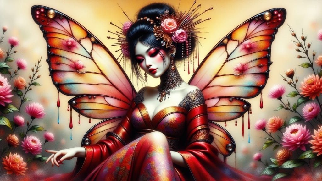 Enigmatic Geisha Fairy in Opulent Watercolor Style