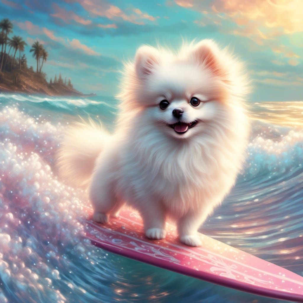 Pomeranian Puppy Surfing Luminescent Pastel Waves