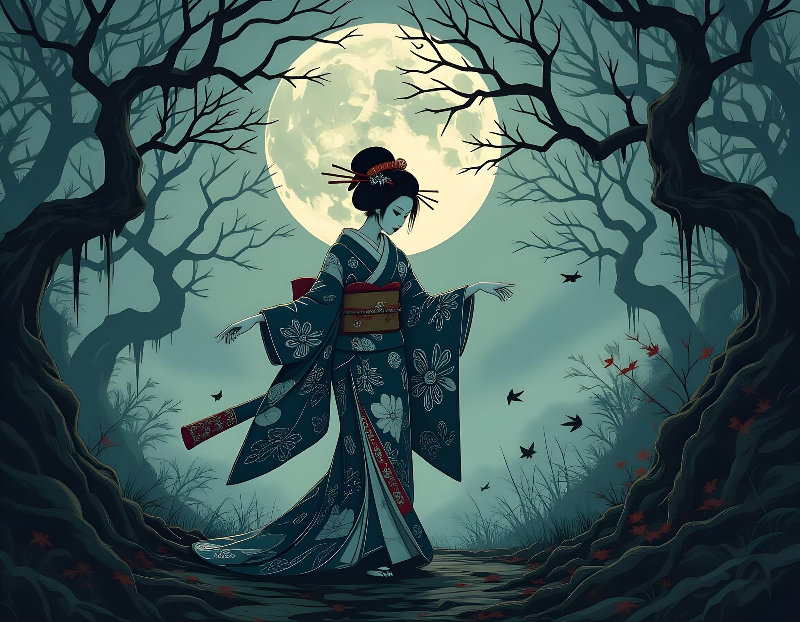 Spectral Geisha Dance in Haunted Forest