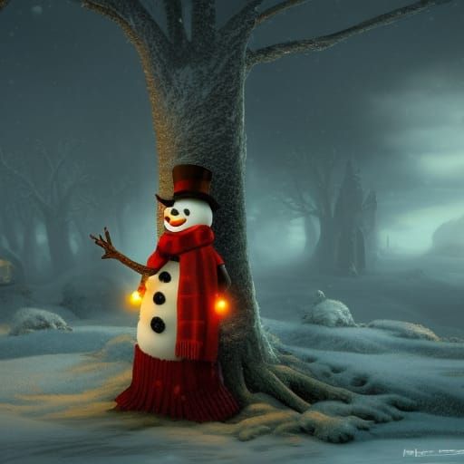 Snowman Under a Tree: Detailed Matte Painting