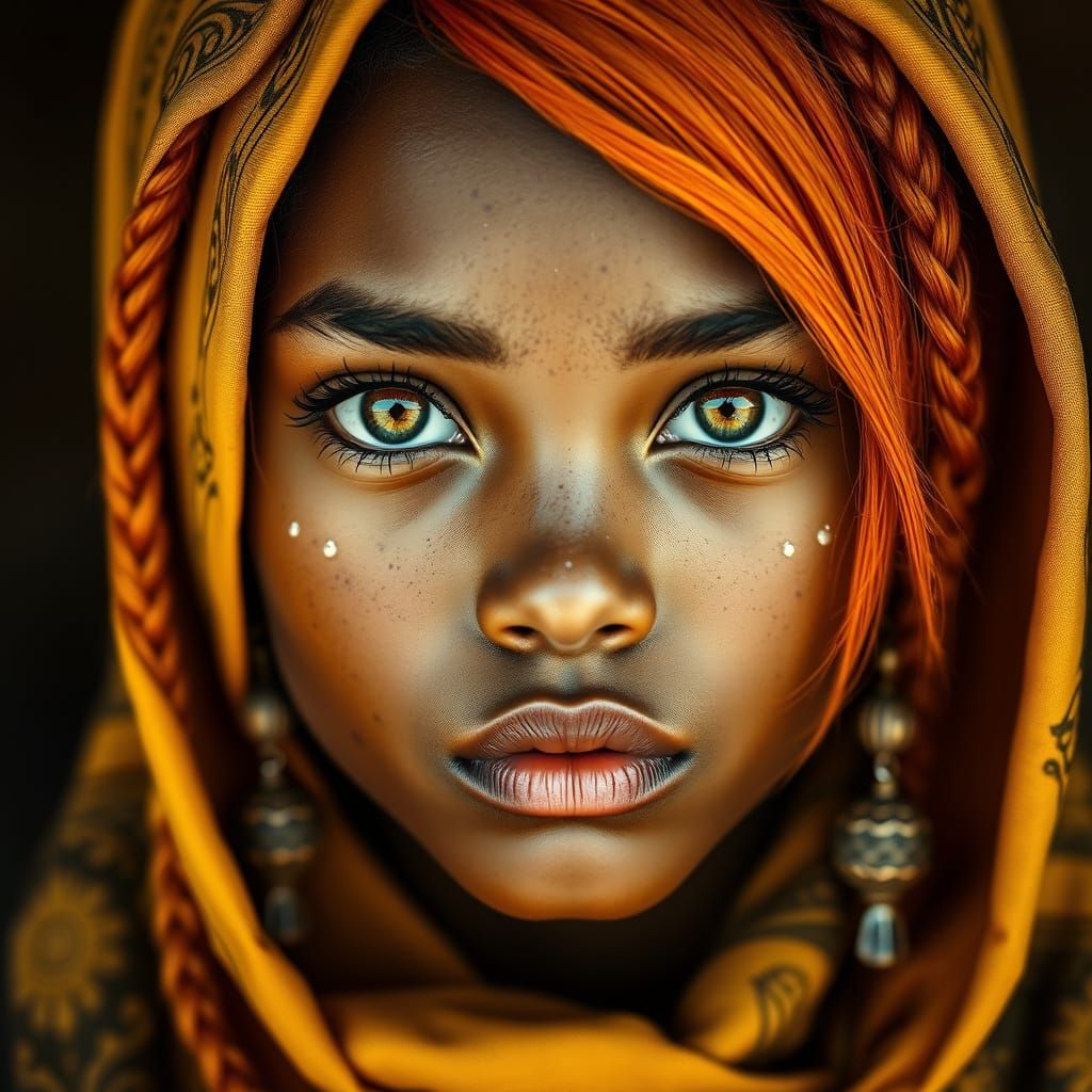 Vibrant Orange Haired Woman with Mismatched Eyes in Ornate H...