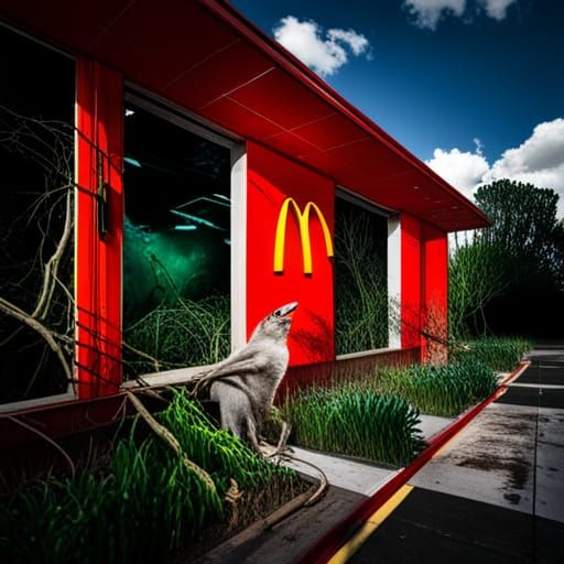 an abandoned McDonalds overgrown with vines and wild animals rummaging through the remains