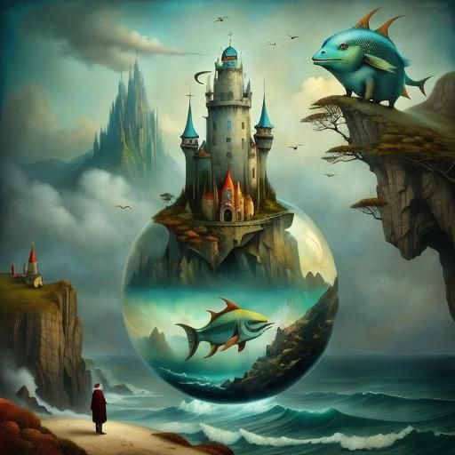 Surreal Bubble Castle with Fish and Wizard