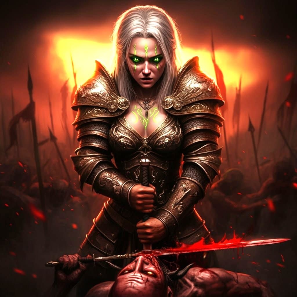 Epic Female Warrior with Magical Tribal Tattoos and Greatswo...