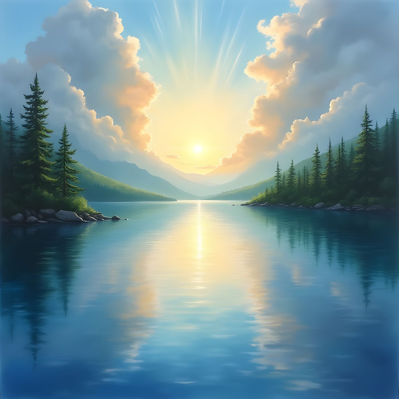 Divine Lake Landscape in Soft Focus Watercolour Style