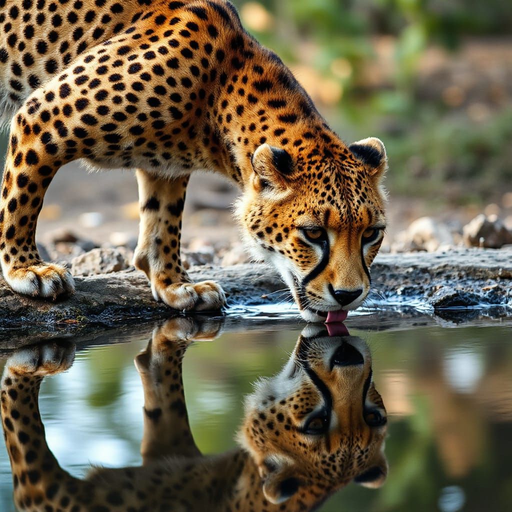Cheetah Drinks From Waterhole, Perfect Reflection, Natural L...