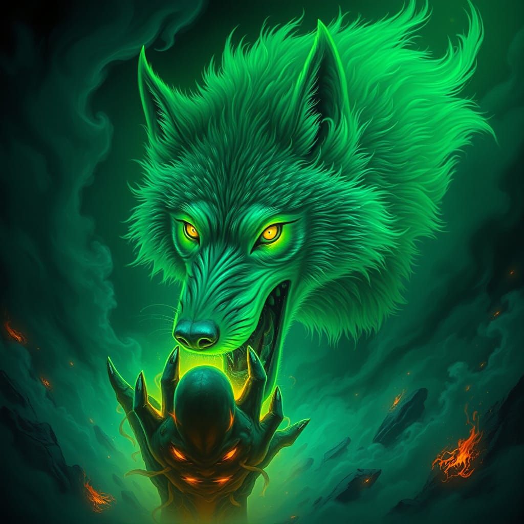 Ethereal Green Wolf Devours Souls in Smoky Vortex