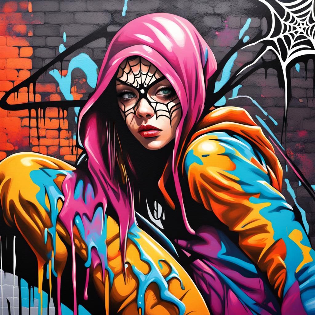 Spider Girl Graffiti Art in Polychromatic Style