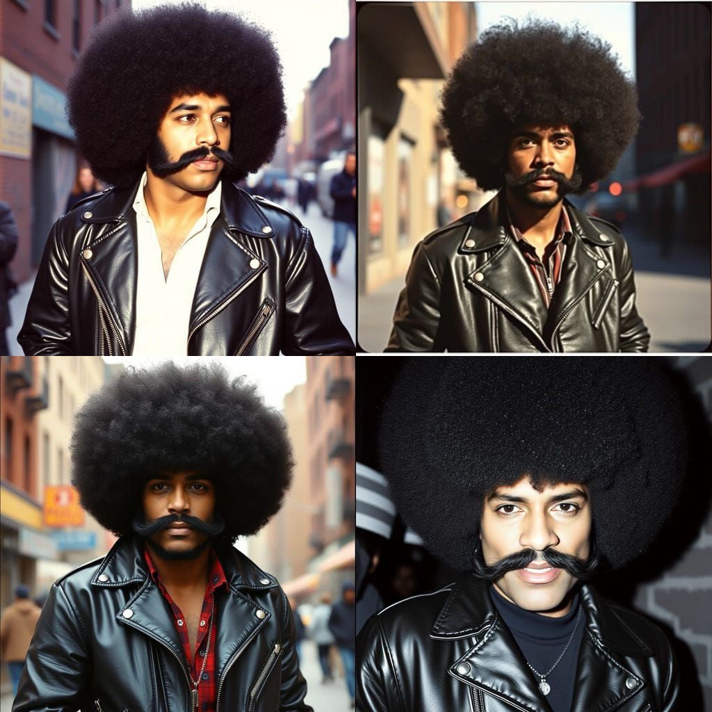 Man in 1970s Black Leather Jacket with Iconic Afro Hairstyle...