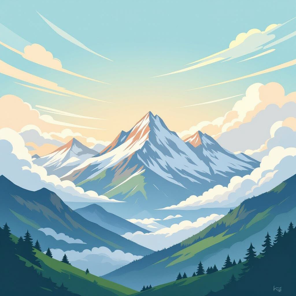 Cartoon Mountain Range with Fog Formation in Watercolor Styl...