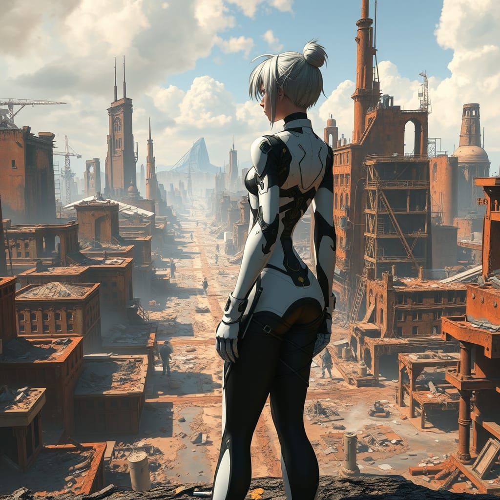 Android 2B in Cyberpunk Post-Apocalyptic Cityscape