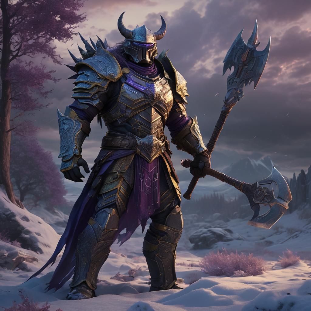 Warrior in Frost Lands Under Lightning Storm