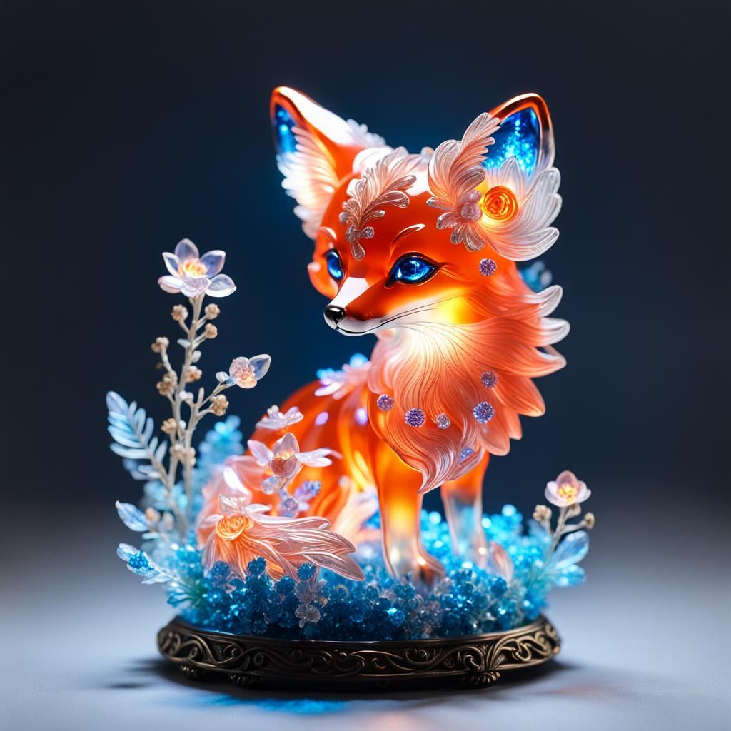 Bioluminescent Crystal Fox Sculpture in Vermilion Glass