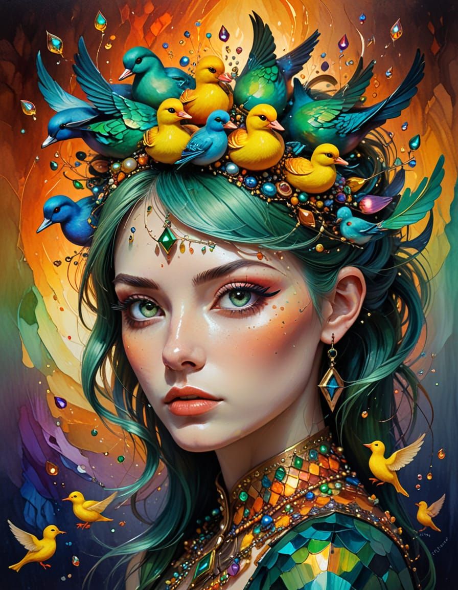 Surreal Lady with Duck Hair and Birdhouse Entrance