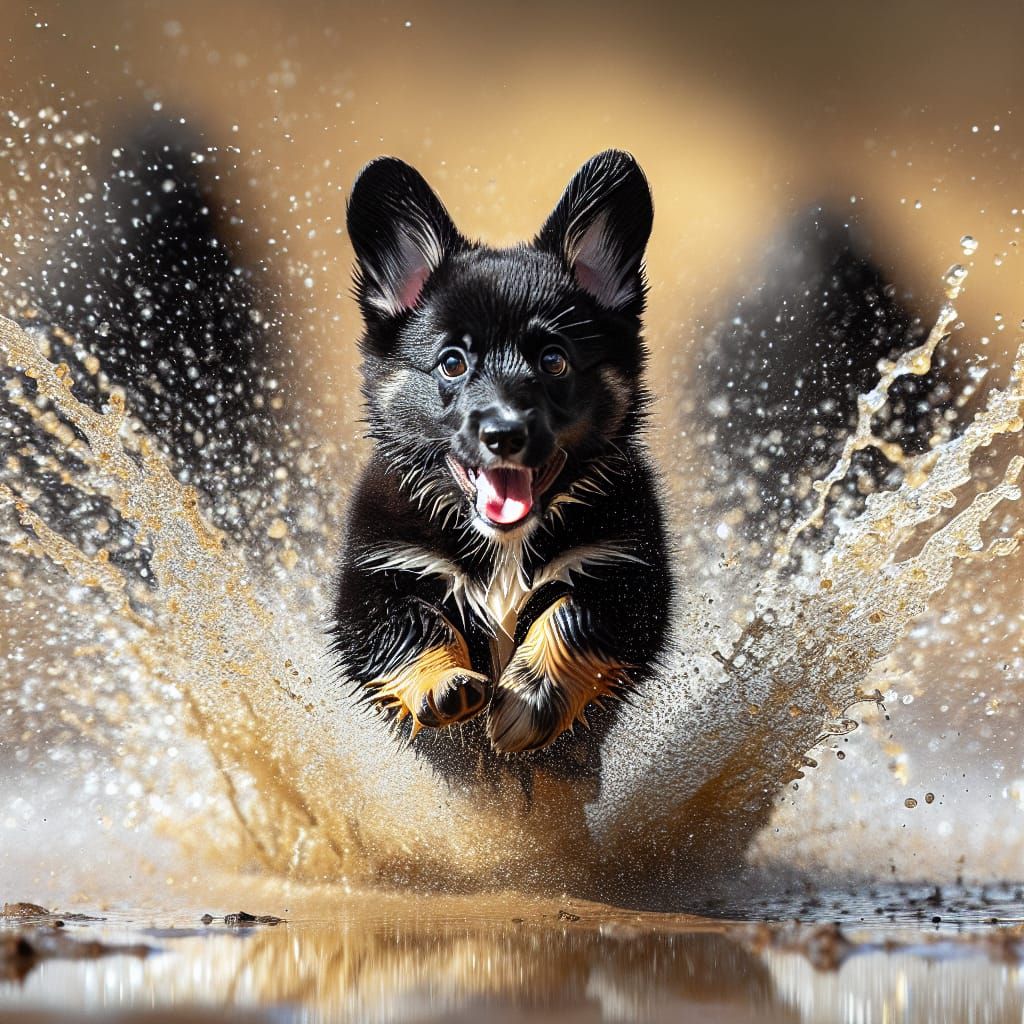 Zoom Burst: Black Corgi Puppy Zoomies in Puddles