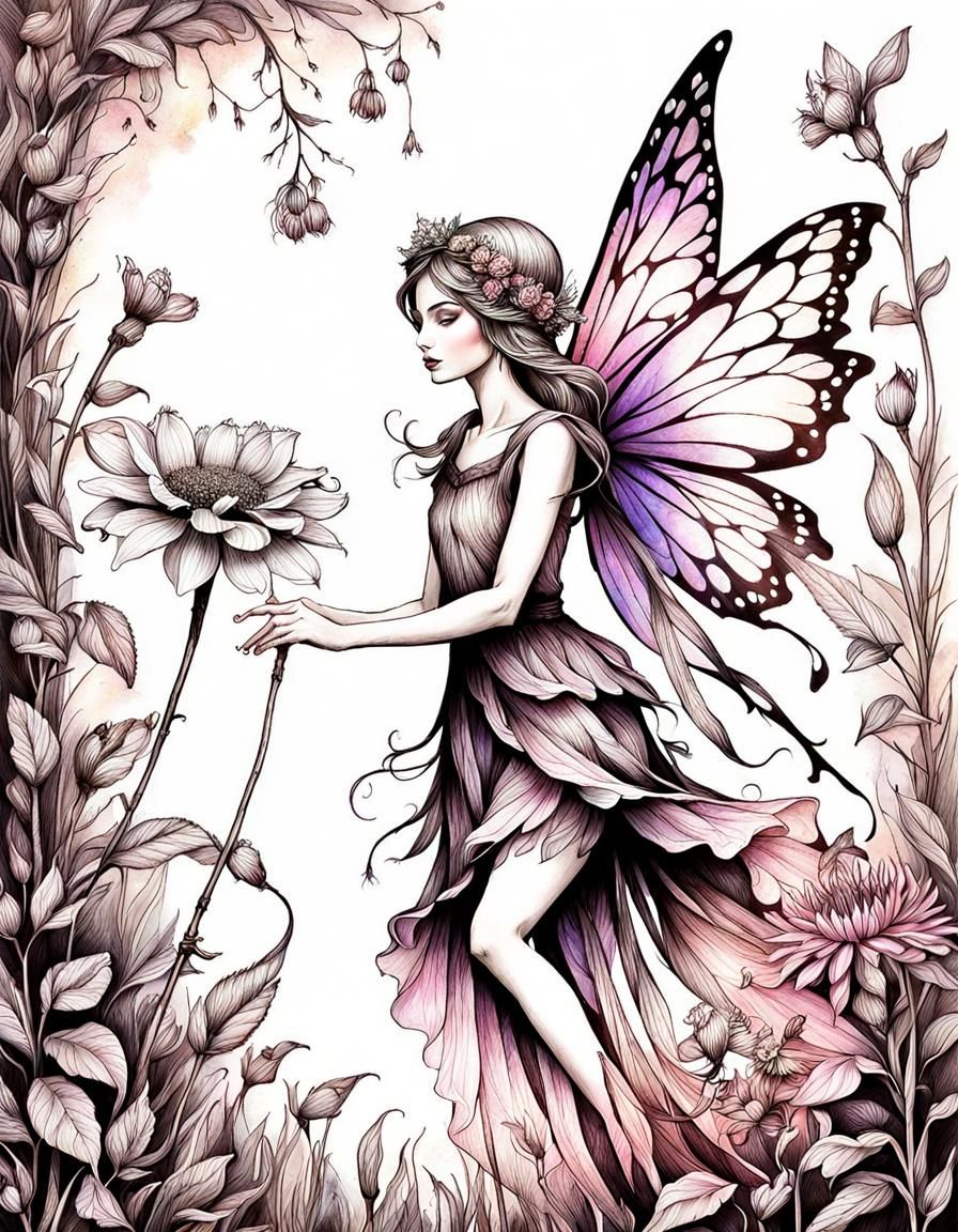 Woodland Fairy Healing Flower in Botanical Ink Style