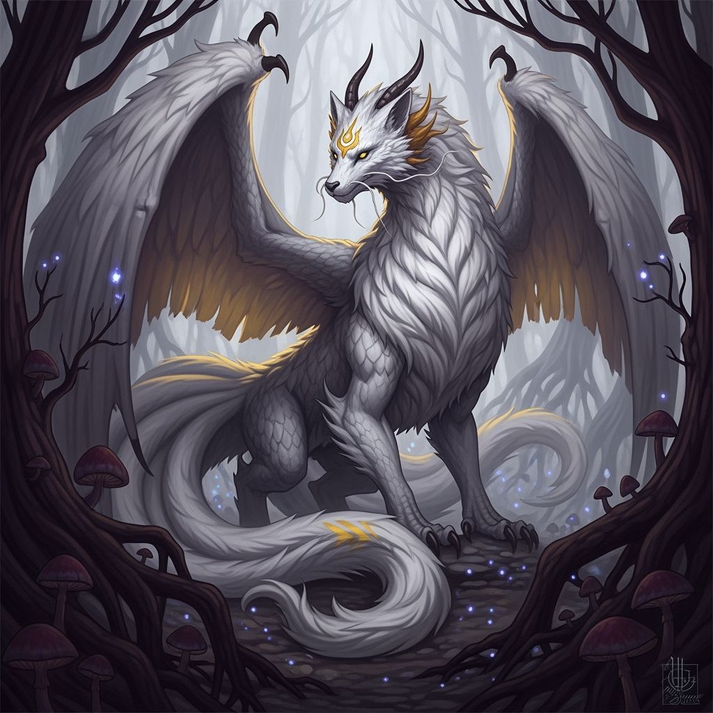 Mystical Nine-Tailed Fox Dragon in Misty Forest