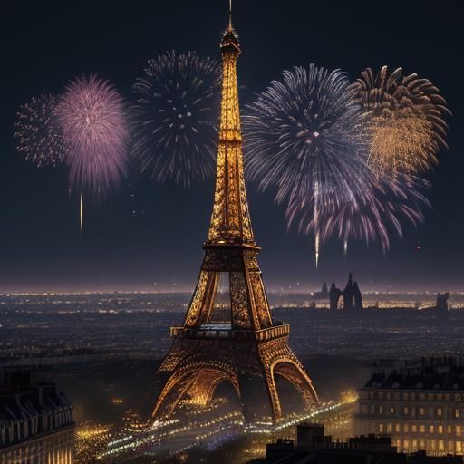 Eiffel Tower New Year's Eve Fireworks in Art Nouveau Style