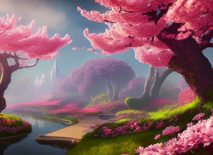 Secret Cherry Blossom Garden: Detailed Matte Painting