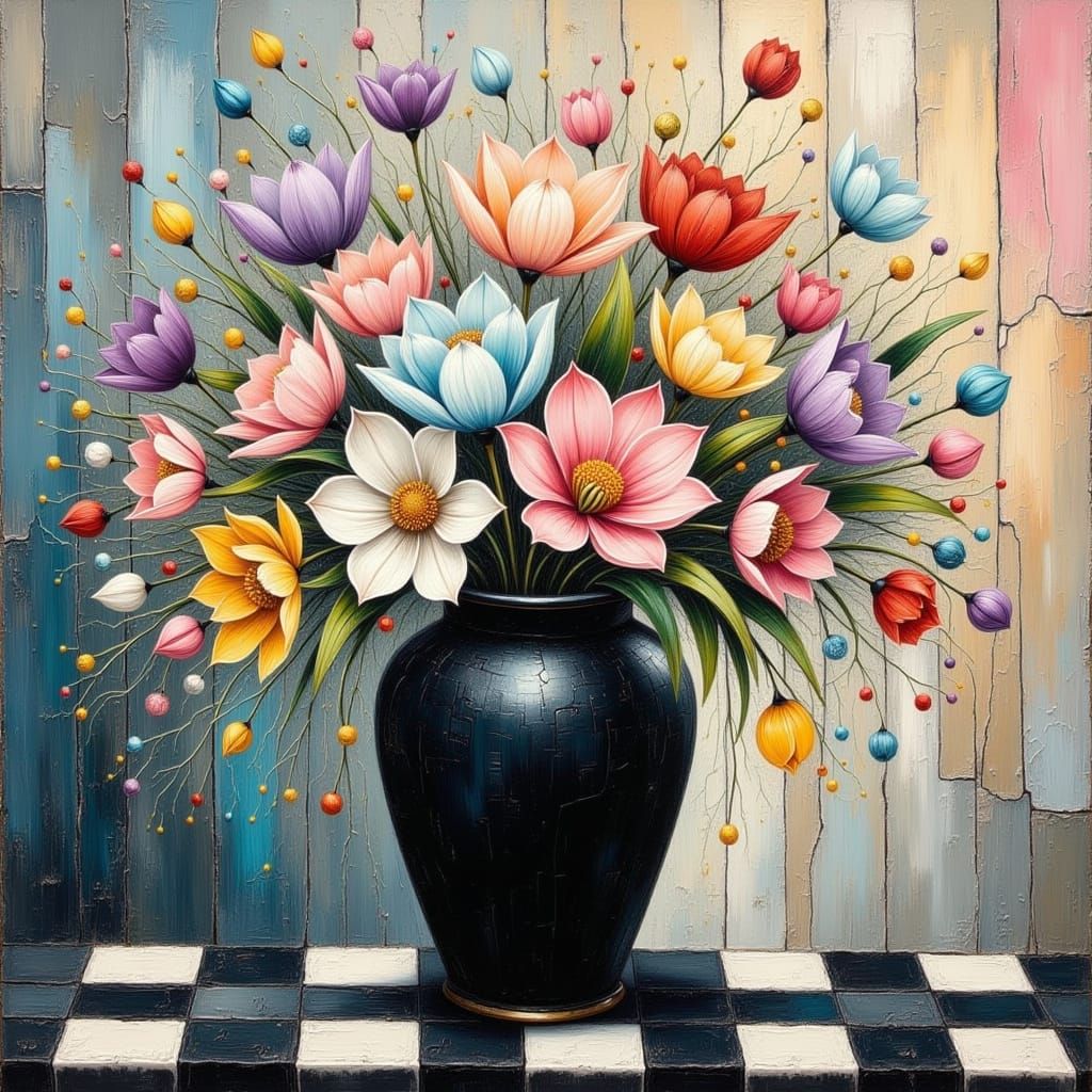 Vibrant Tulips in Black Vase as Impasto Oil Painting