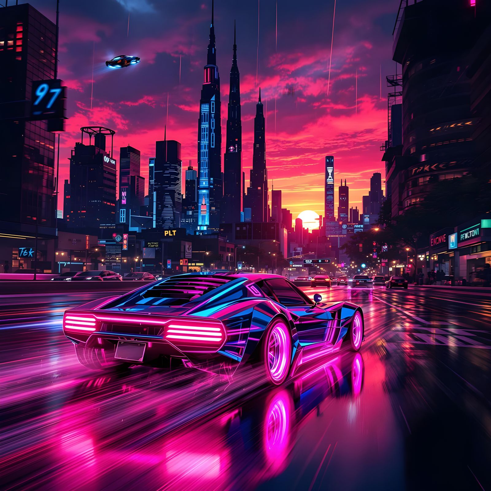 Futuristic Dark City Skyline with Street Racing Car