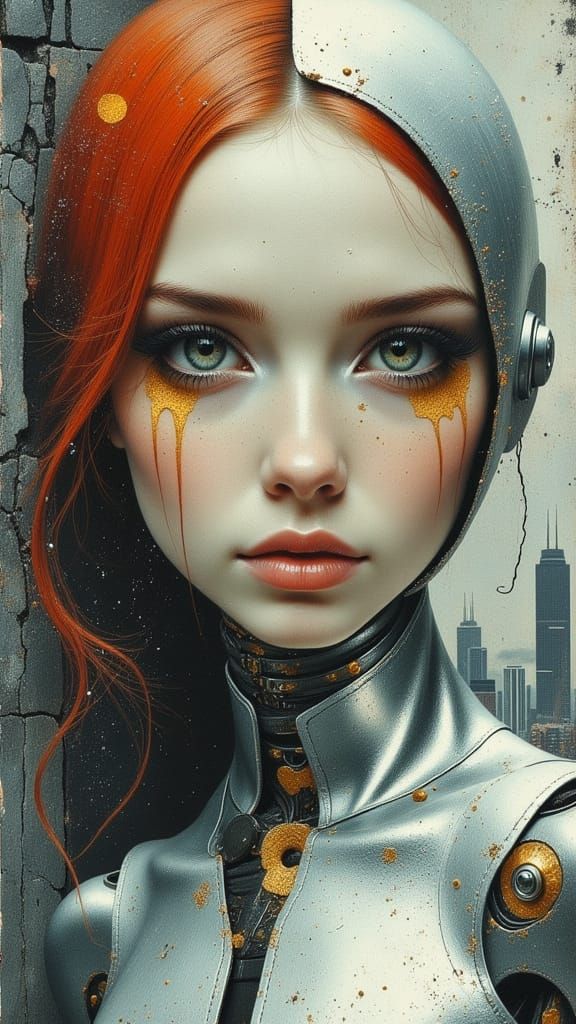 Ethereal Futuristic Cyborg Woman in Dystopian City