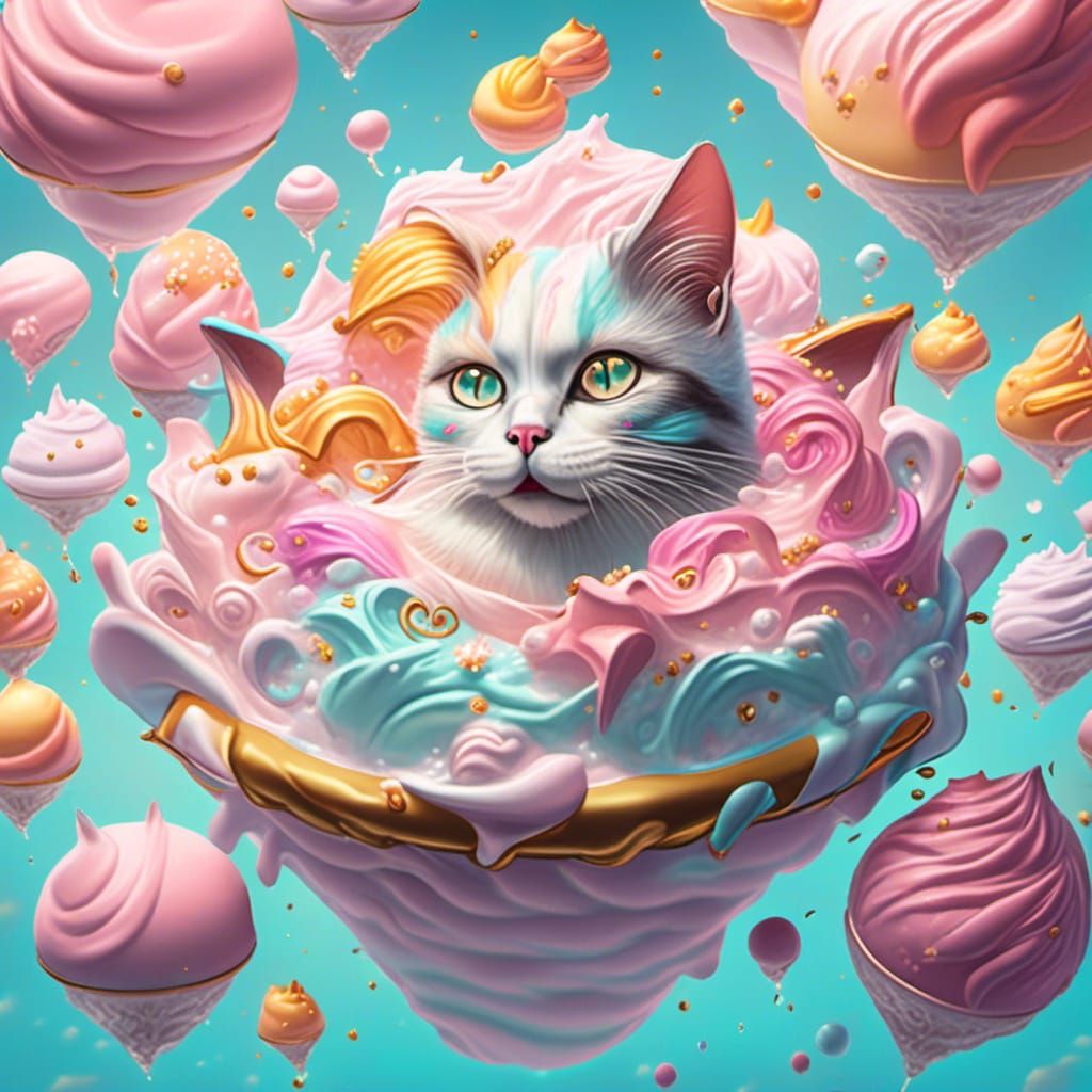 Cat in Ice Cream in Pastel Mall: Fantasy Art