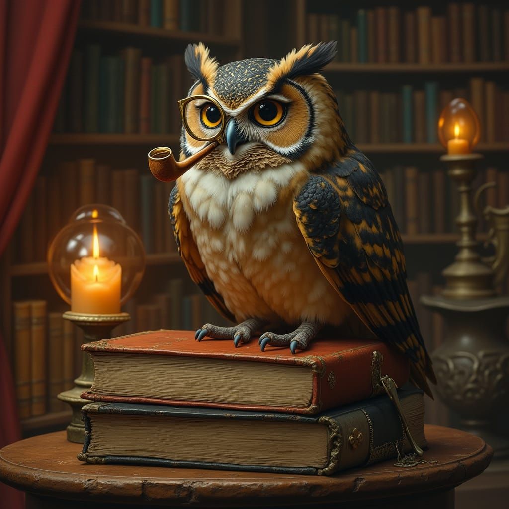 Wise Owl in Elegant Library Setting with Magical Realism