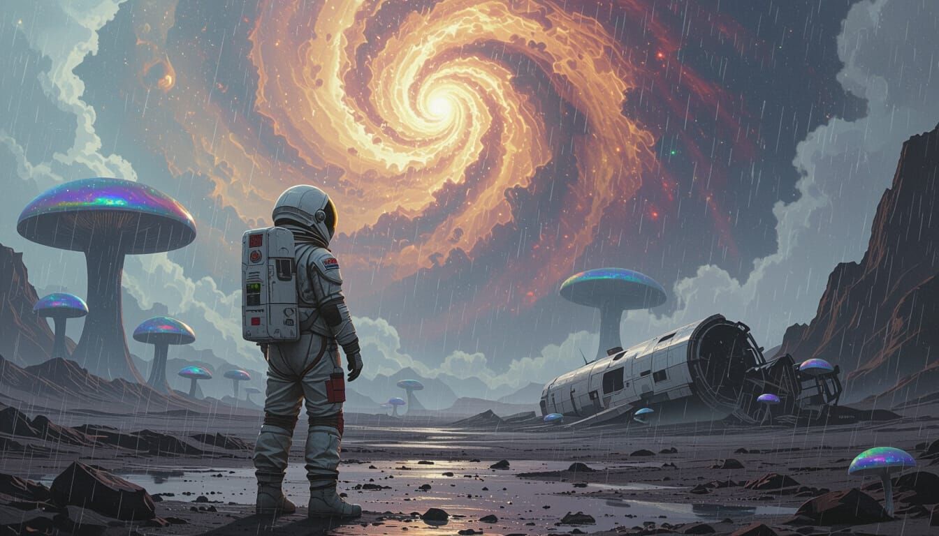 Astronaut on Alien Planet Gazing at Nebula